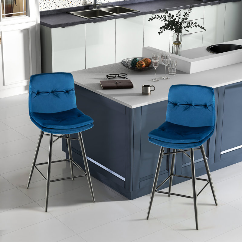 Akarsh Upholstered Counter Stool with Metal Frame, Blue