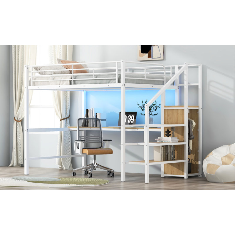Lit mezzanine pleine grandeur en métal, teinte blanche, bureau, escalier de rangement, petite armoire, chambre à coucher à 7 couleurs, multifonctionnel, salon compact
