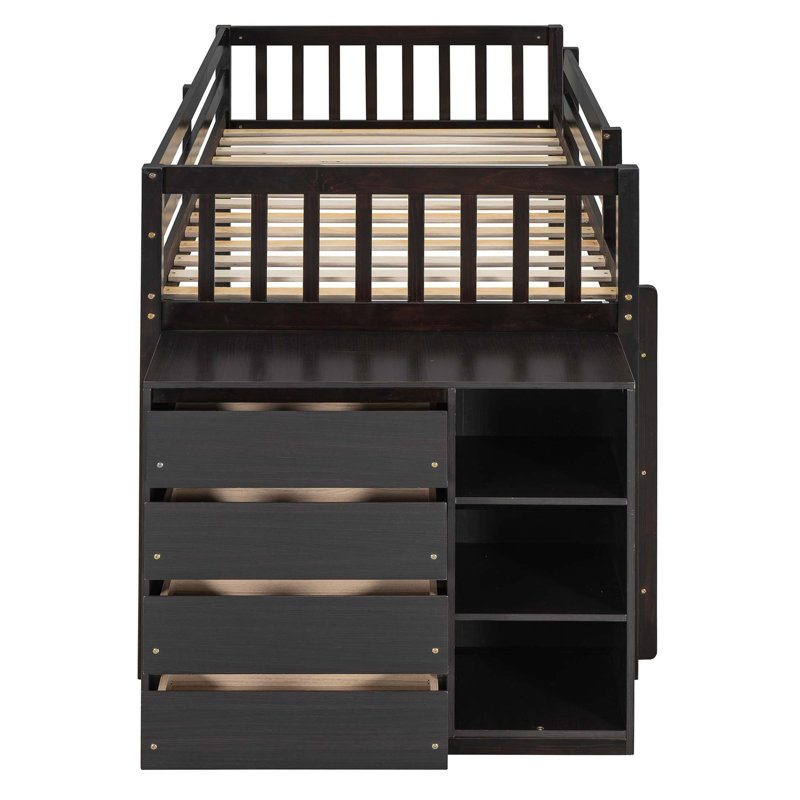 Lit superposé simple sur simple avec rangement: 4 tiroirs et 3 tablettes
