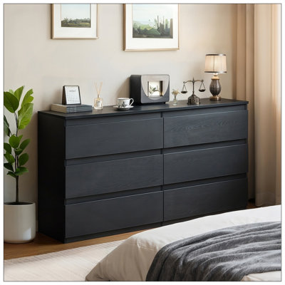 Commode 6 tiroirs noire, commode de chambre moderne avec comptoir spacieux, armoire de rangement en bois avec poignées dissimulées et 6 tiroirs profonds pour la chambre à coucher, le salon, le vestibule, P 15,7 po x l 47,2 po x H 30,9 po
