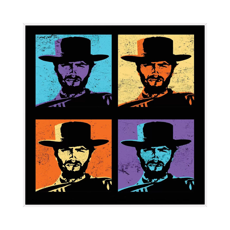 «Clint Eastwood Multi Stamp» par Radio Days - impression d'art graphique, H 18 po x l 18 po x 1,5 po, Toile blanche encadrée