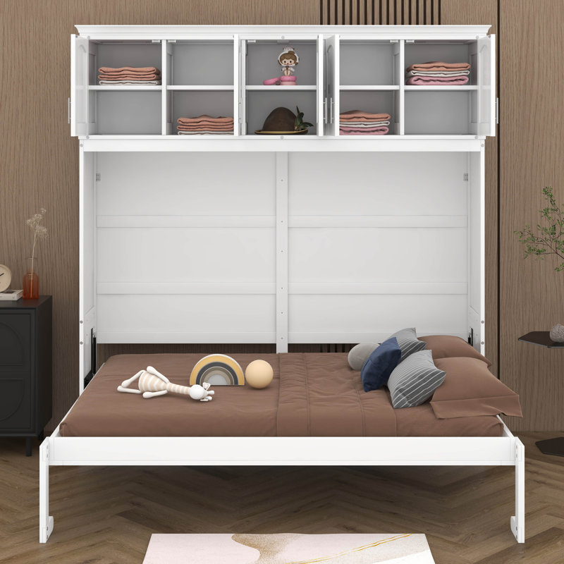 Lit escamotable double, lit escamotable pliant peu encombrant avec armoires supérieures, lit escamotable en bois, lit escamotable horizontal