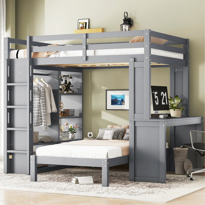 Full XL/Full Over Twin Bunk Bed With Dismountable Lower Bed And Desk, Solid Wood Bunk Beds Frame With Built-In Shelves And Wardrobe, Can Be Converted Into Loft Bed, Grey