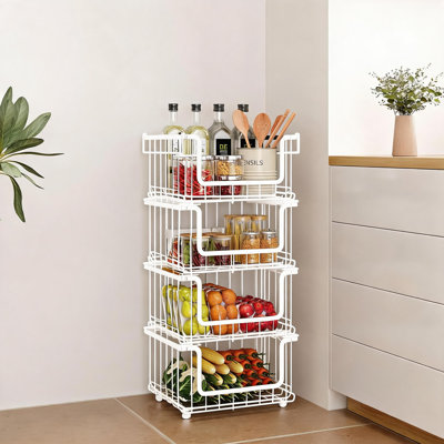 Iron Wire Storage Basket Set 4-Pack, Nestable Space-Saving Carbon Steel Organizer for Kitchen, 13"x13"x29.1", White Finish
