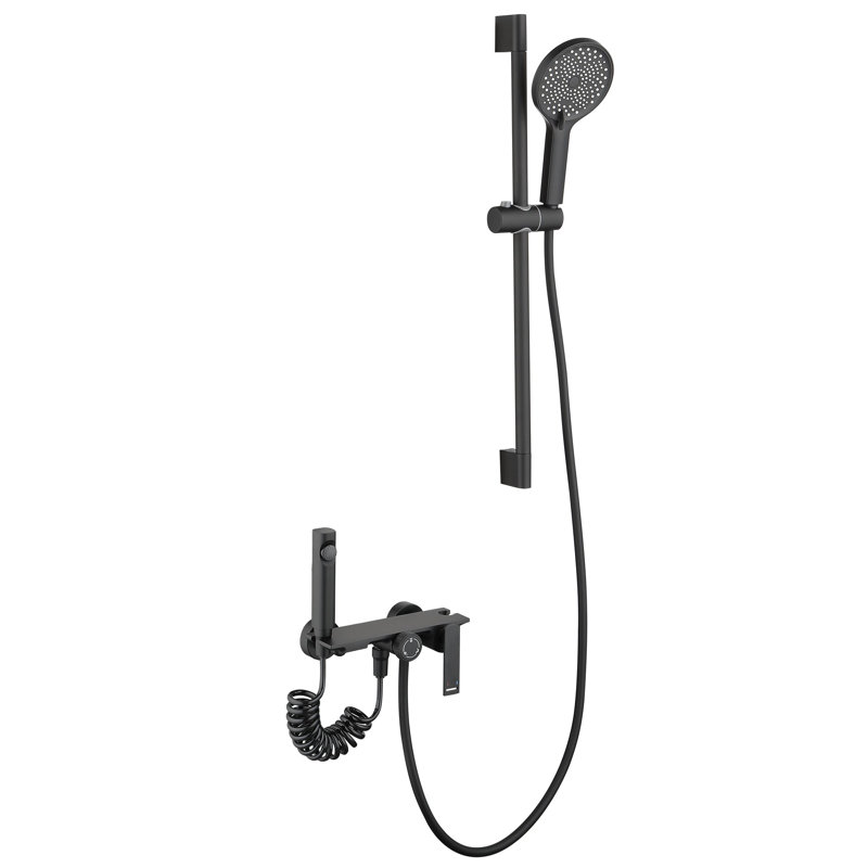 Robinet de baignoire et de douche à 3 fonctions avec douchette brute et douchette à main 3-Functiom, Noir mat
