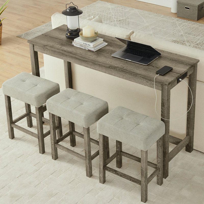 Ensemble de table de bar l 59 po avec prise de courant, 3 tabourets rembourrés, Brun