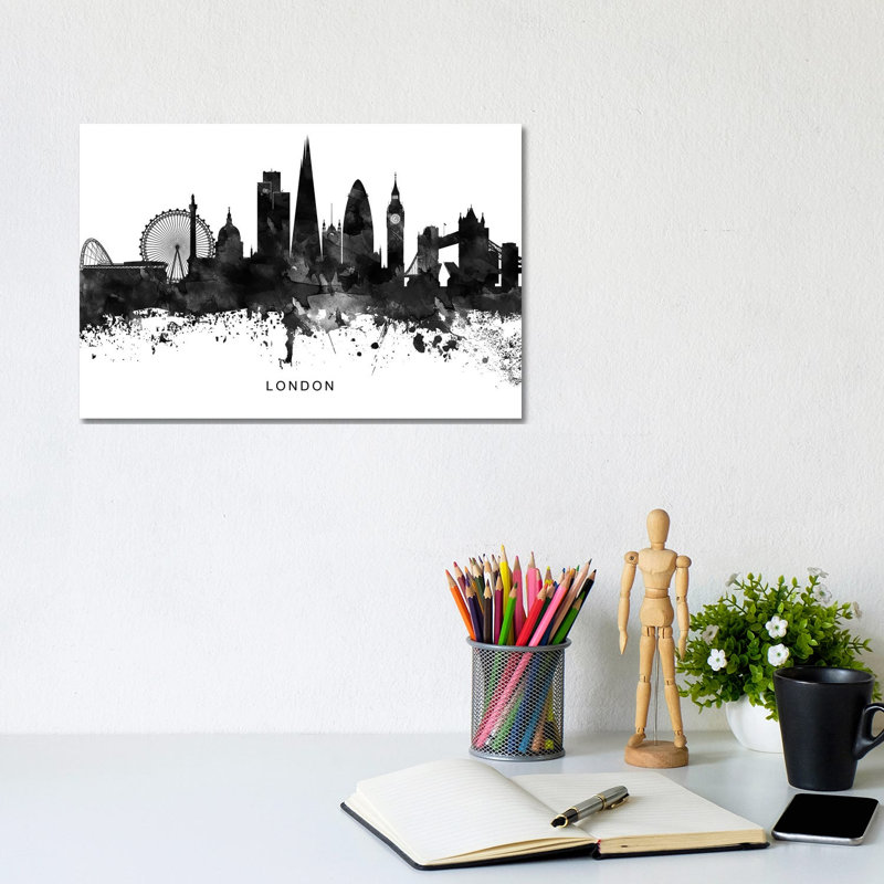 London Skyline Black & White by WallDecorAddict - Wrapped Canvas Print, 20.32 cm H x 30.48 cm W