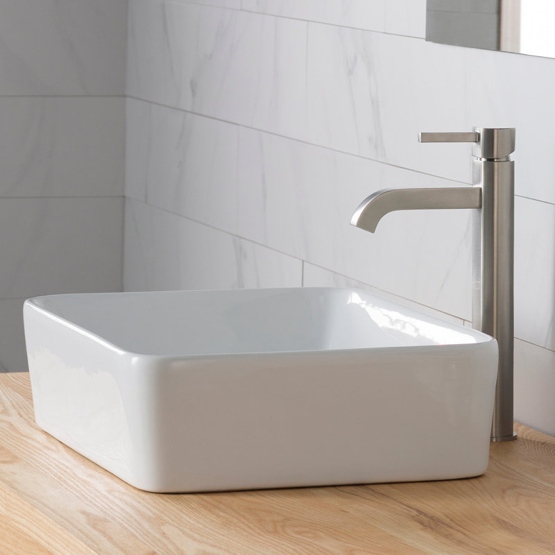White Ceramic Rectangular Vessel Sink with Satin Nickel Faucet