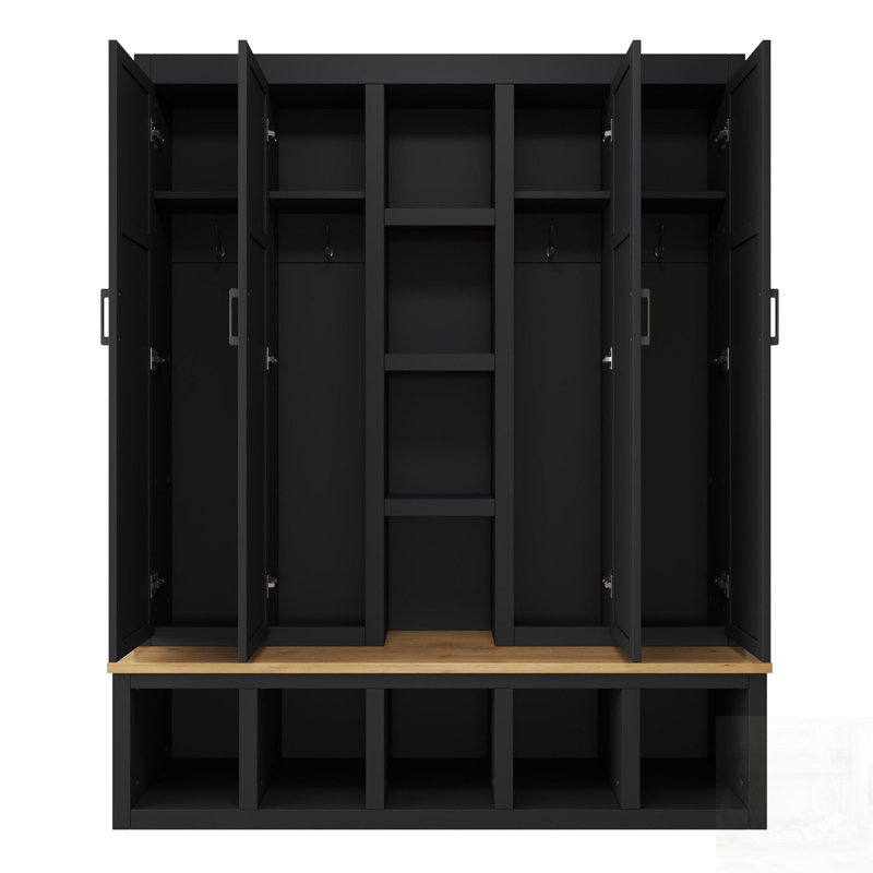 Farmhouse 4-In-1 Hall Tree With 6 Hanging Hooks, Mudroom Wood Grain Bench With Open Compartments, Entryway Shoe Cabinet With Seating Bench For Living Room