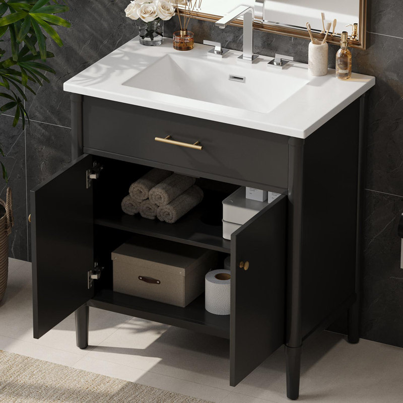 Bathroom Vanity with Sink, Soft Close Doors and Adjustable Shelf, Black