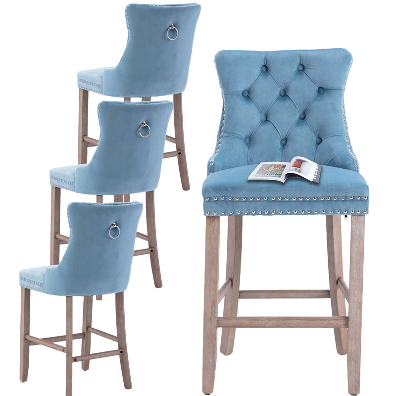 Contemporary Velvet Counter Height Bar Stools (Set of 2), Light Blue Velvet/Natural Frame
