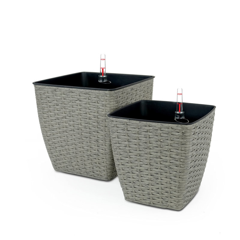 2-Pack Self-watering Planter - Hand Woven Wicker - Thin Square