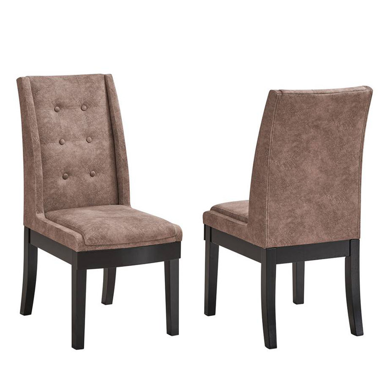 Ensemble repas avec table à piédestal et six chaises capitonnées à boutons en brun foncé, Marron foncé