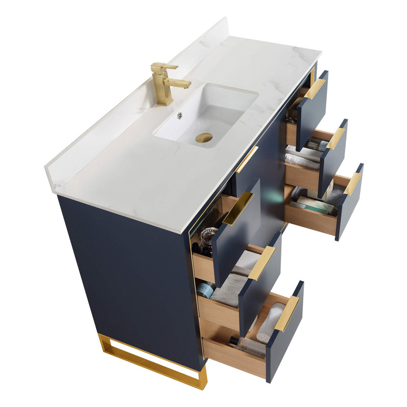 Gerwyn 48'' Single Bathroom Vanity with Stone Top, Satin Brass, Navy Blue