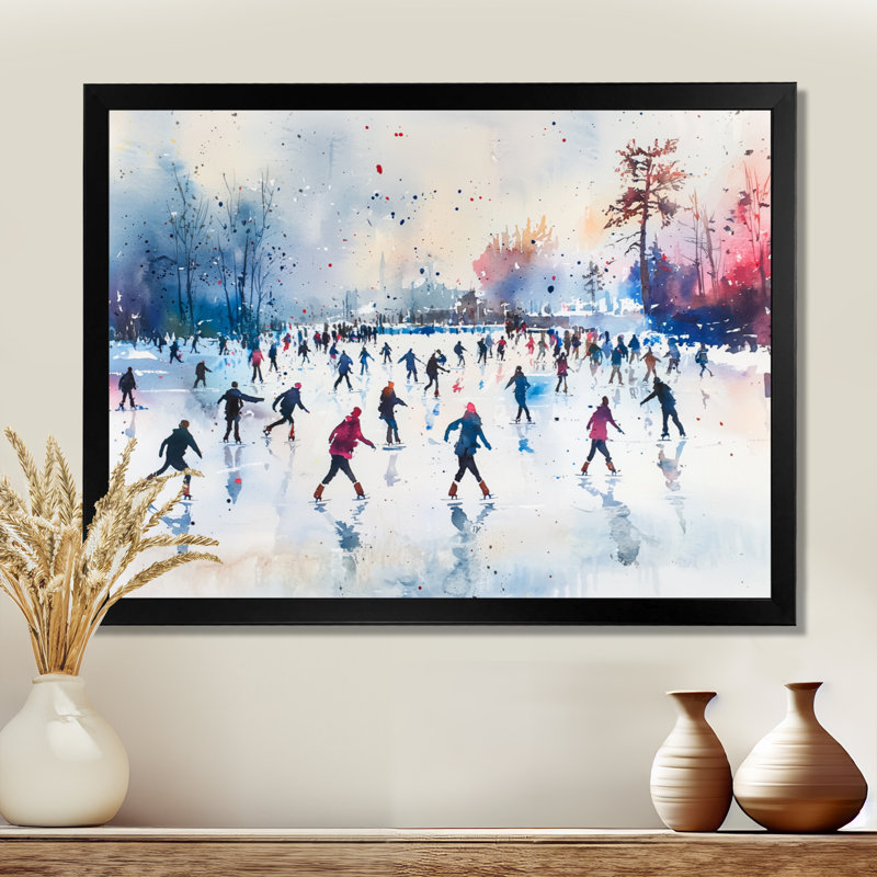 «Ice Skating Winter Landscape III», art mural paysage d'hiver, 12" H x 20" W, Picture Framed Print, Black