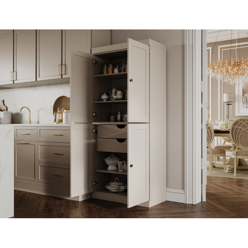 Garde-manger 100% bois massif 32 po avec portes Shaker, 2 tiroirs et tablettes réglables, Beige