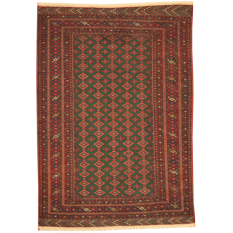 Tapis noué la turkoman vert 6 pi 6 x 9 pi 2 laine one-of-kind à la main