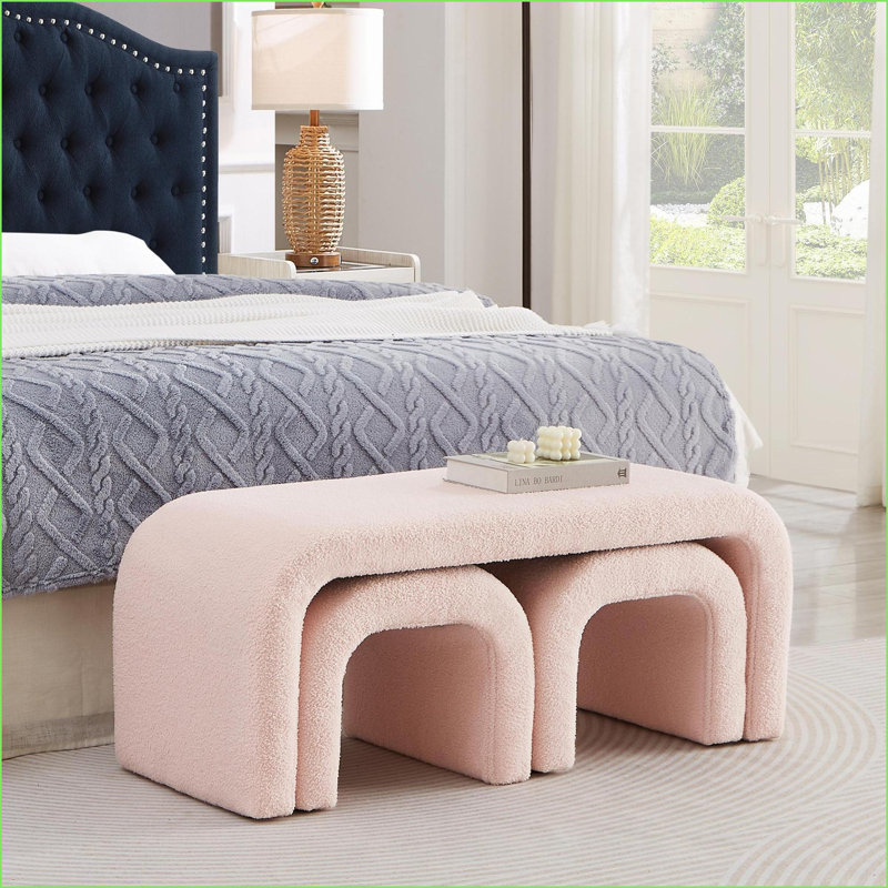 Ensemble de 3 repose-pieds de style moderne en U en U pour salon de chambre à coucher avec repose-pieds supplémentaire de 44 et 18 pouces | Ours en peluche | Rose