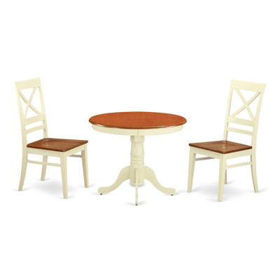 3 Piece Dining Set Contains a Round Dining Room Table with Pedestal and 2 Wood Seat Chairs, 36x36 Inch, Buttermilk & Cherry