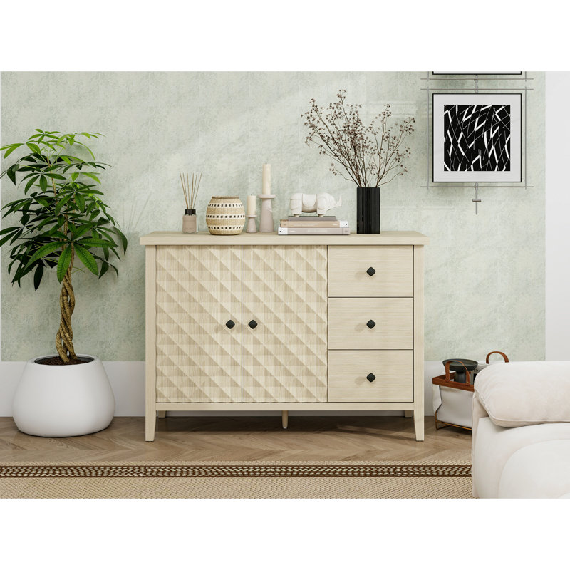 Buffet moderne à 3 tiroirs et 2 portes avec finition grain de bois, texture en forme de losange et poignées confortables Armoire de rangement élégante Poignées noires, charnières en métal, espace réglable
