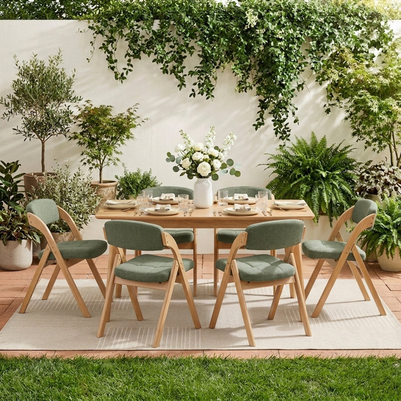 Chaise pliante empilable en bois massif rembourré intérieur / extérieur (ensemble de 6), Vert / Naturel, 6