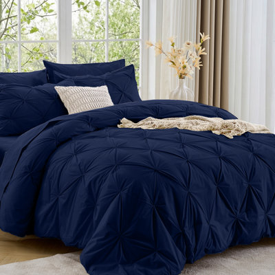 Sasttie Twin XL Comforter Set, 5-Piece Bed in a Bag, Pintuck Bedding Sets for All Season, Includes Comforter, Flat Sheet, Fitted Sheet, Pillowcase and Pillowsham, Navy