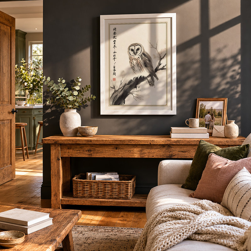 Perched Owl Japandi - Print, A2 - 59.4 x 42.0 cm, White