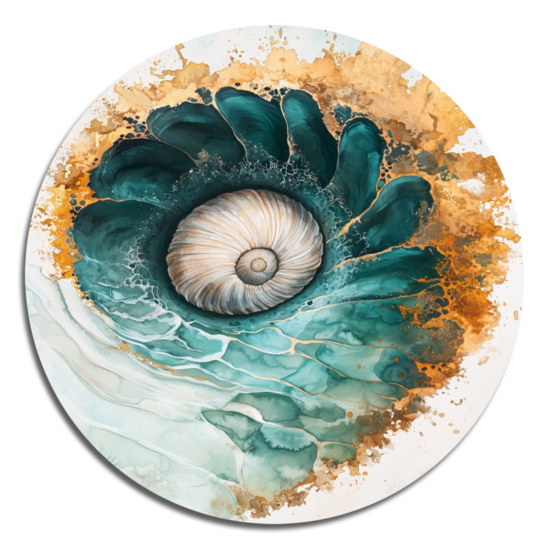 Coastal Spiral Emerald Seashell I - impression d'art moderne en métal vert, coquillage rond, art mural en métal
