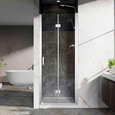 Porte de douche à double charnière à double charnière sans cadre 32 pouces de large x 72 pouces de haut, 1/4 de pouce (6 mm), porte de douche en verre trempé transparent, quincaillerie chromée