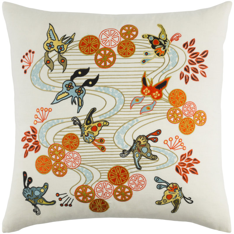Kismet Chinese River Throw Pillow, Cream/Olive/Bright Orange/Aqua/Lime/Black/Butter, 22" H x 22" W x 5" D