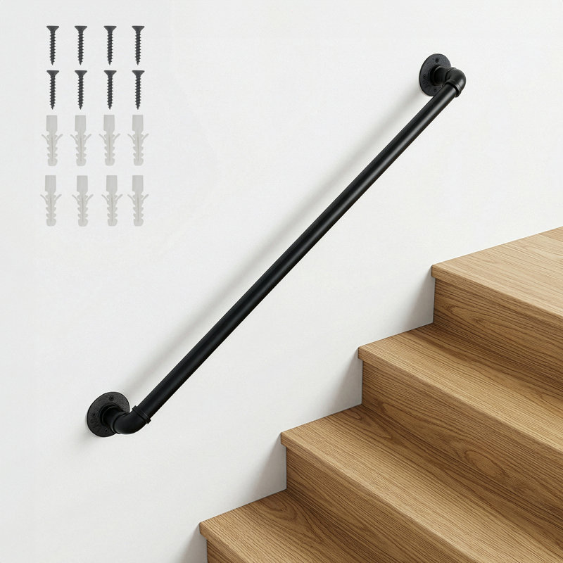 Black 3FT Outdoor Iron Stair Handrail,Wrought Iron Step Railing,Powder Coated Heavy Duty Safety Hand Rail for Courtyard,Porch & Deck Steps