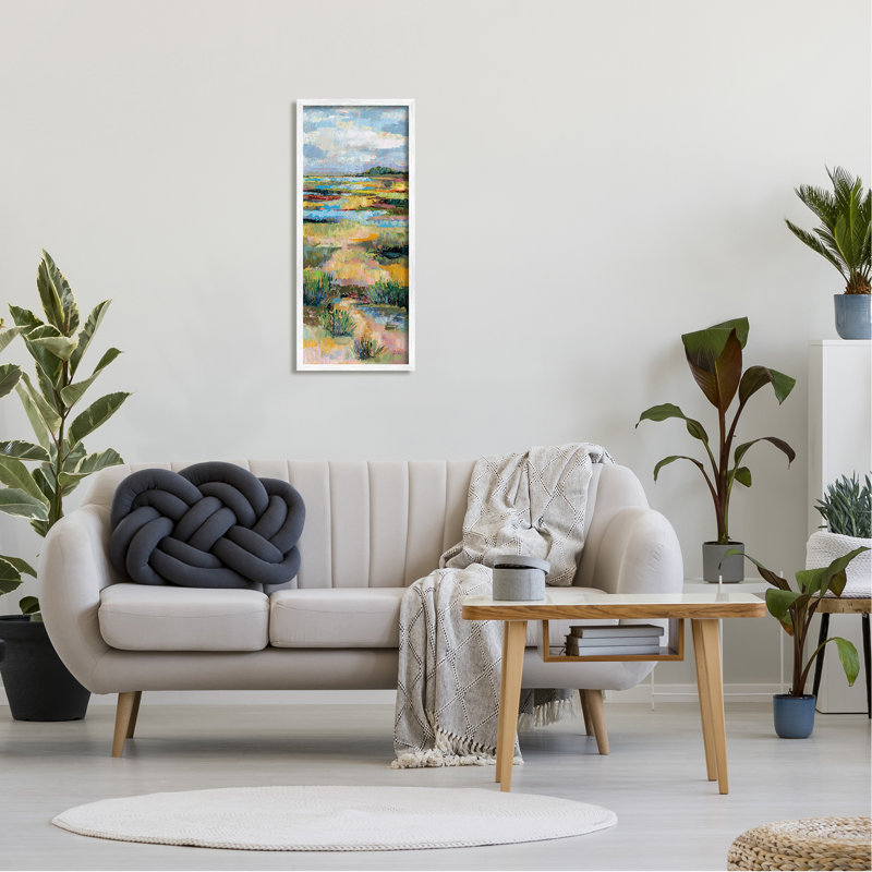 Paysage abstrait de rivière encadré sur bois, H 30 po x l 13 po x P 1,5 po, Giclée encadrée blanc bord de mer