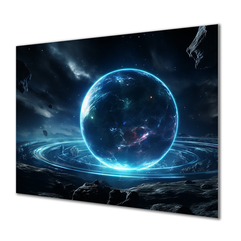«Blue and Black Cosmic Plaet I», art mural en métal Planète de l'espace, H 12 po x l 20 po x P 1 po