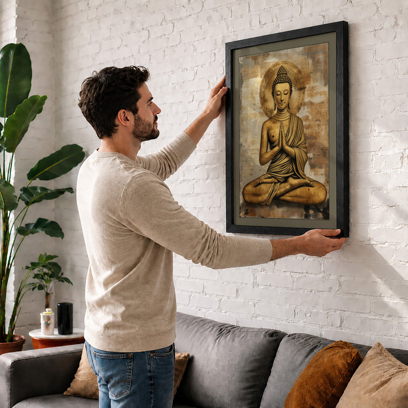 Serene Buddha in Gold Rustic - Framed Print, A4 - 29.7 x 21.0 cm, Black