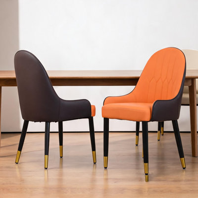 2pcs Modern Dining Chair - Pu Sponge Filled. Solid Wood Legs. Diamond-shaped Back. Orange+dark Brown Upholstery. Comfortable, Easy To Clean. 280 Lbs W
