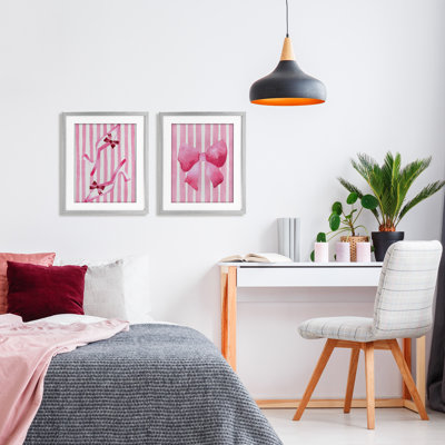 Feminine Chic Bows Pink Stripes 2pc Framed Print Under Glass Set, design by Camila Juncos