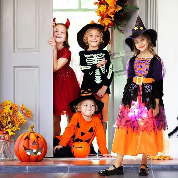 Déguisement de sorcière pour l'Halloween, robe de sorcière lumineuse et scintillante pour enfants, idéal pour une fête costumée féerique.
