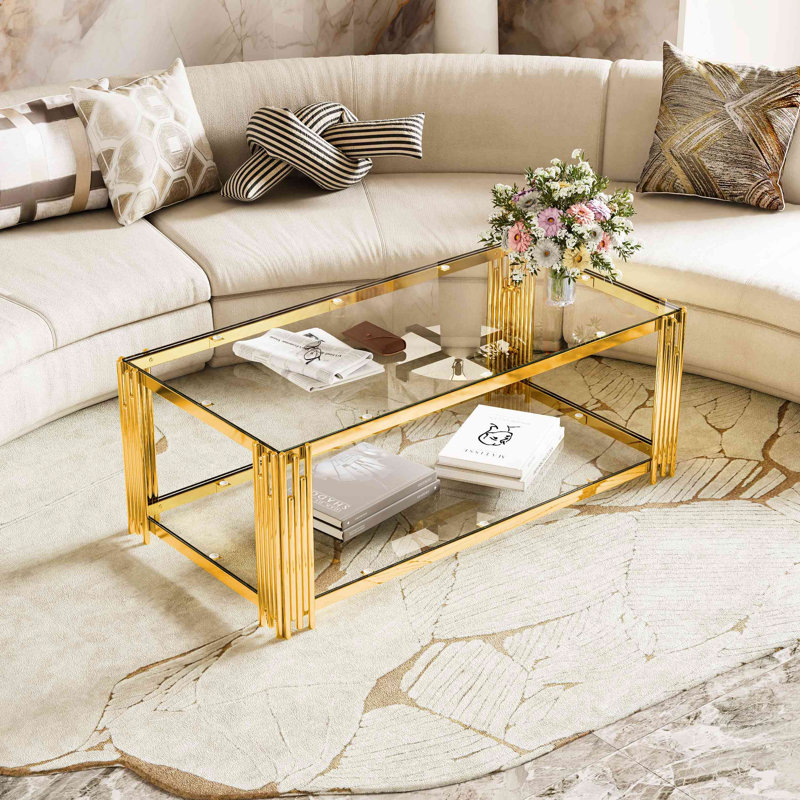 Table basse moderne en verre transparent, rectangulaire, métal asymétrique, tablette inférieure, 47,5 po