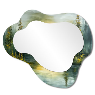 Mélodie silencieuse du lac par la forêt en été - miroir asymétrique irrégulier forêt, miroir mural traditionnel, imprimé sur métal