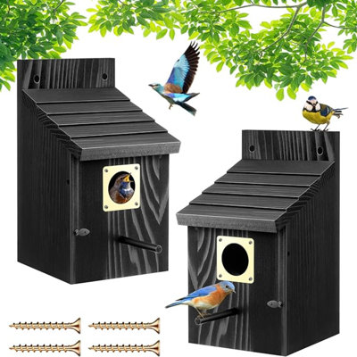 Paquet de 2 cabanes à oiseaux pour l'extérieur Dreyoo, cabanon en cèdre Bluebird à trou d'entrée de 1 1/2 po, avec garde de prédateur en métal, loquet de sécurité, rainures pour débutants, bouches d'aération pour le pinson des oiseaux Bluebird
