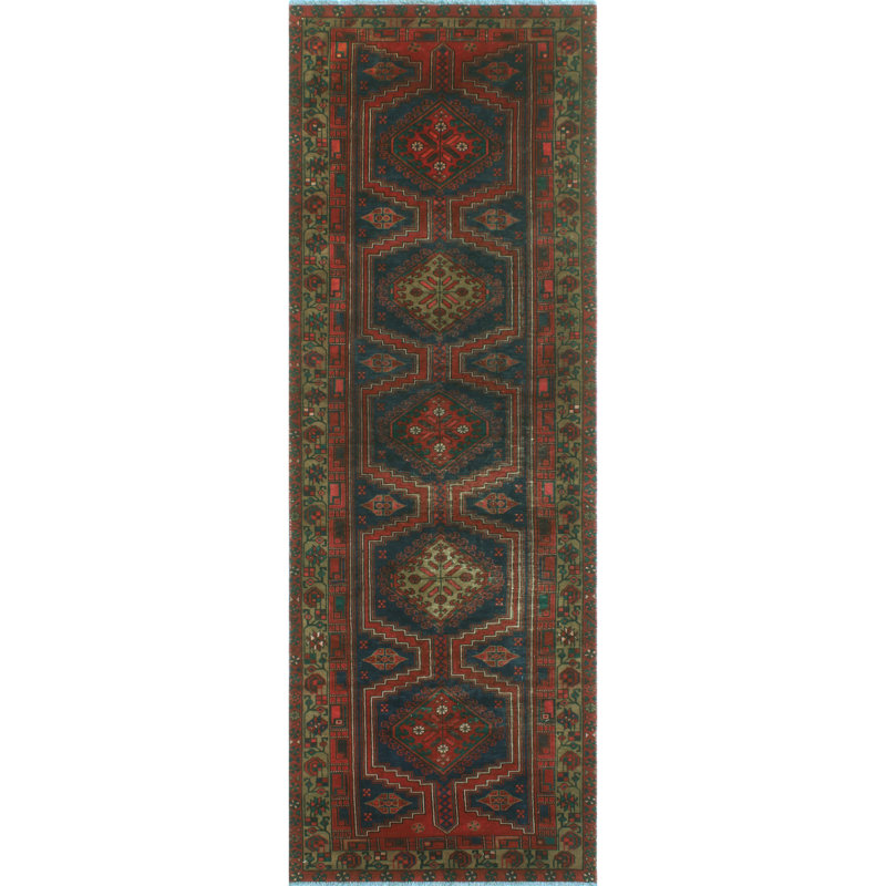 One-of-a-Kind 3'6" x 10'2" 1980s Runner Wool Area Rug in Green and Navy