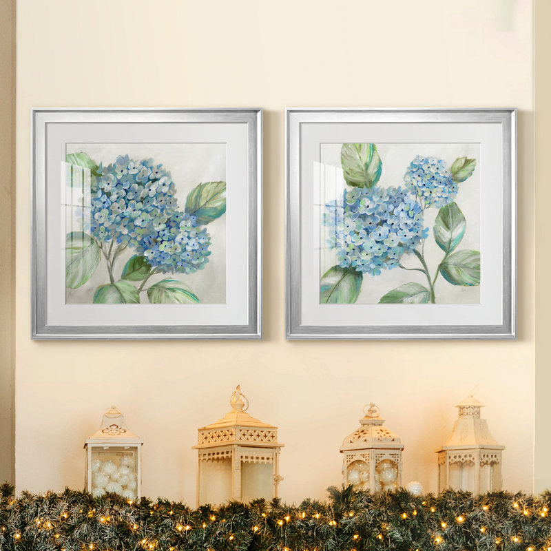 «Hydrangea Beauty I», ensemble de 2 reproductions d'art encadrées, Impression encadrée avec passe-partout, Argent argent