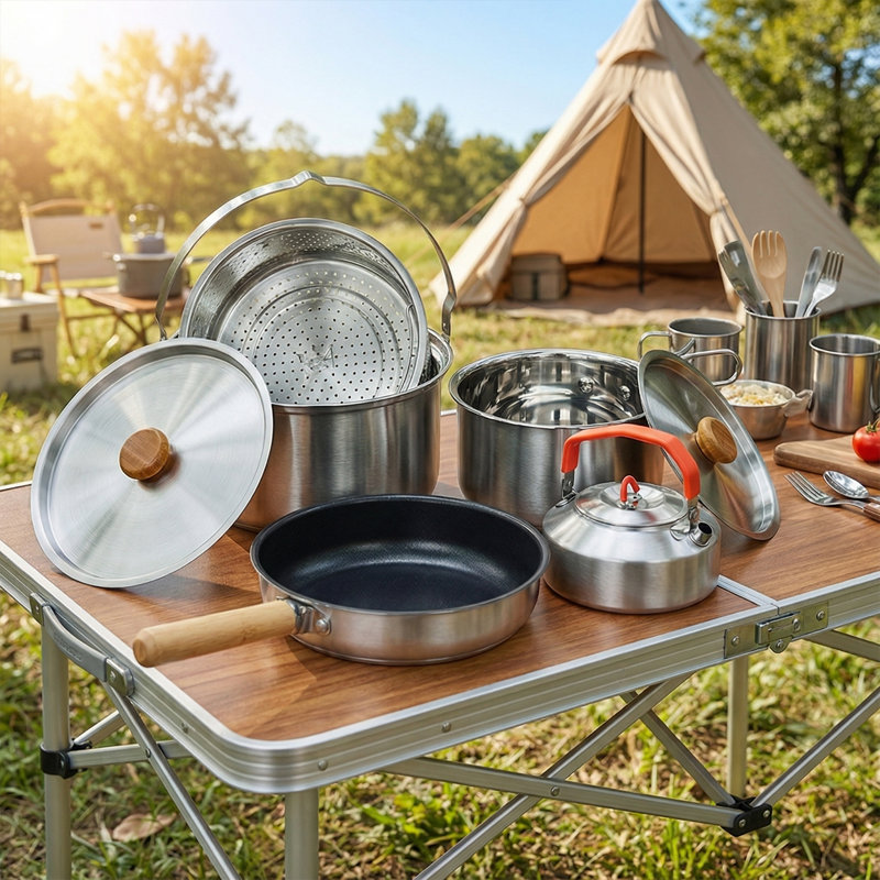 Ensemble de batterie de cuisine de camping en acier inoxydable 6 pièces avec bouilloire et sac de rangement