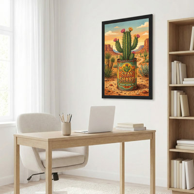 Toile noire encadrée en bois noir pour salon, chambre à coucher, bureau ou vestibule - décoration murale décorative avec cactus du désert