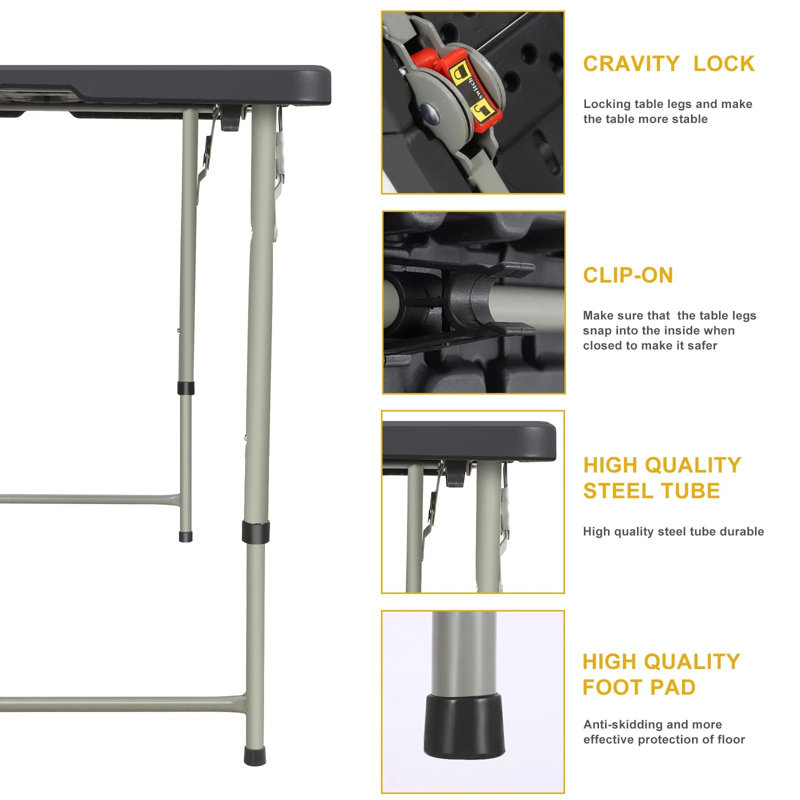 Table pliante 4 pieds avec poignée de transport, PEHD à hauteur réglable et table portable en acier pour une utilisation intérieure / extérieure