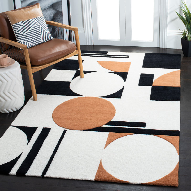 Tapis ivoire / noir / brun en laine fabriqué à la main Antoni, Rectangle 6 pi x 9 pi