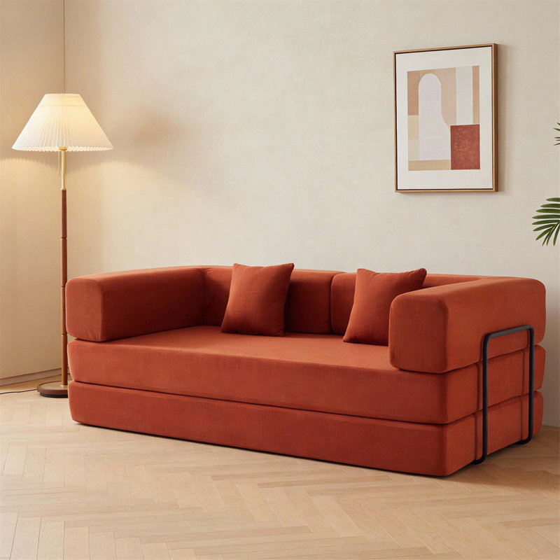Convertible Sleeper Sofa Bed with Cylindrical Pillow and Fixed-Shape Frame for Multi-Functional Living Spaces., Orange