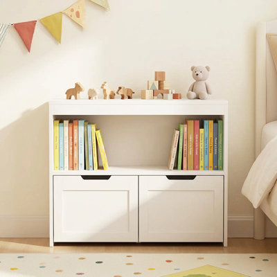 Meuble de rangement pour enfants avec compartiment ouvert et 2 tiroirs coulissants, bibliothèque en bois pour jouets, coffre de rangement autoportant pour chambre d'enfant, salle de jeux, chambre d'enfant