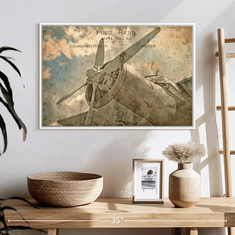 Avion rétro, 25 po x 17 po, Cadre flottant blanc