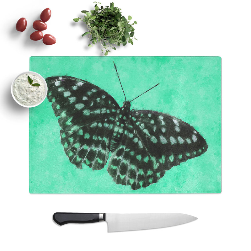Tempered Glass Mint Green Butterfly Art Chopping Board, 20 cm x 28.5 cm